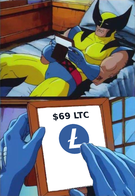 A comic meme shows Wolverine in bed reading, then holding up a frame displaying $69 LTC with the Litecoin logo.