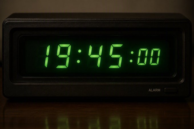 A digital alarm clock displaying the time 19:45:00 in glowing green numerals on a dark background.