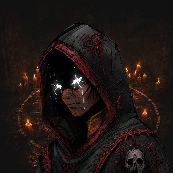 A dark, gothic digital art piece depicting a hooded figure with glowing white eyes and a mask, surrounded by candles and an occult symbol on the floor.