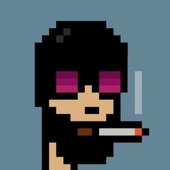 A pixel art character with a black hood and glowing pink eyes smoking a cigarette, set against a gray-blue background.