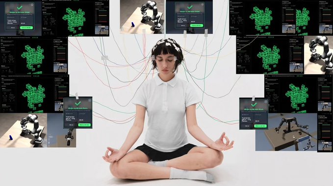 A woman sits in a meditative yoga pose surrounded by floating digital interfaces showing 3D models of green robots and what appears to be robotic arm simulations, illustrating the post's discussion of "NEW AXIS HUB V2" algorithms designed to filter out "FARMER" spam tasks through "pincer" mechanisms.