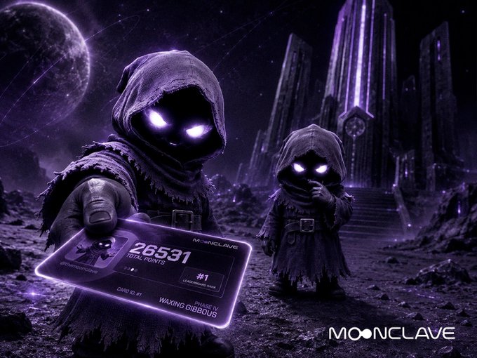Two hooded figures with glowing purple eyes in a dark fantasy setting, one holding up a card displaying '26531 TOTAL POINTS' and 'MOONCLAVE' branding.