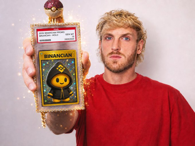 Logan Paul displays a PSA-graded "2026 BINANCIAN PROMO BINANCIAN - HOLO GEM MT 10" collectible card featuring the Binance mascot, tying into the post's discussion of the $Binancians reward stock narrative and its BNB-based rewards that could attract significant attention in the crypto community.