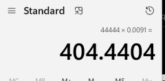 The image shows a calculator display with the multiplication problem "40444 x 0.0091 =" resulting in 404.4404, accompanied by text that appears to read "Standard B" and "S." The post references "minting" for a quick 2x gain, tying into the calculator math showing a multiplier calculation that yields just over 400 from the inputs.