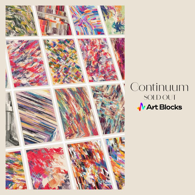A promotional graphic for 'Continuum SOLD OUT' by Art Blocks displays a grid of colorful, abstract generative art pieces on the left side.
