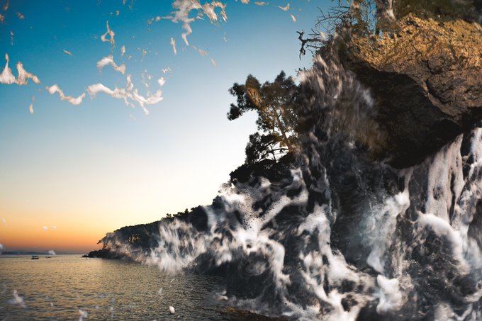 A dramatic coastal scene at sunset with rugged cliffs, where seagulls fly chaotically through the air and white sea spray crashes against the rocks.