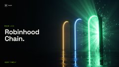 A dark, stylized digital banner reading "Robinhood Chain." featuring glowing green and orange archway shapes with reflections on water.