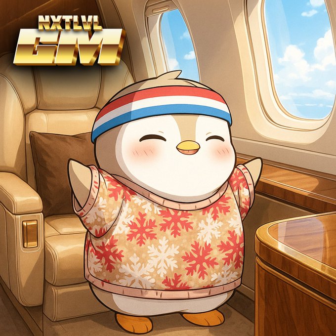 A digital illustration of a happy cartoon penguin wearing a red, white, and blue striped headband and a floral Hawaiian shirt, standing inside a luxury airplane cabin with the text 'NXTLVL GM' in the corner.