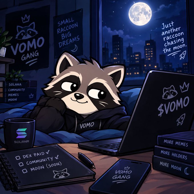 A digital illustration shows an anthropomorphic raccoon character in a hoodie at a desk with a laptop, branded with 'VOMO' and 'SOLANA' logos, featuring signs reading 'VOMO GANG' and 'SMALL RACCOON BIG DREAMS.'