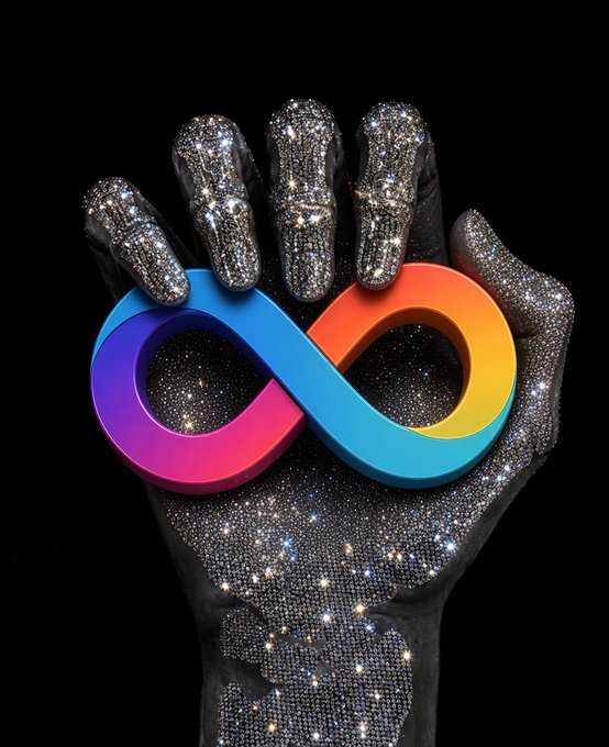 A sparkling, crystal-encrusted hand clutches a rainbow-colored infinity symbol against a black background, visually reinforcing the post's message about HODLing $ICP by suggesting eternal, unwavering commitment to the token.