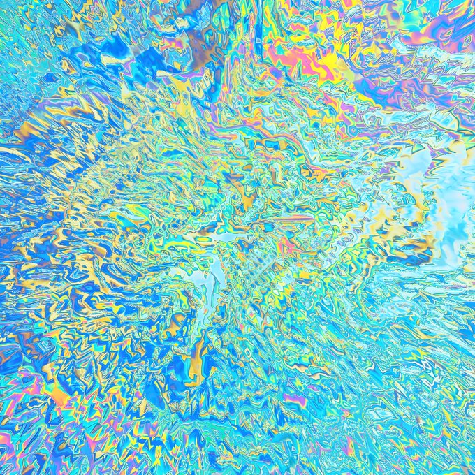 An abstract, iridescent texture resembling crumpled holographic foil with swirling patterns in pastel blues, pinks, yellows, and purples.
