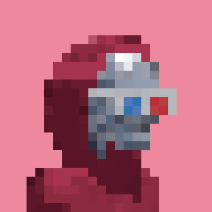 A pixel art image of a red Among Us character wearing a football helmet with a red visor against a solid pink background.