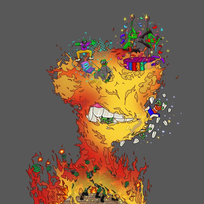 A chaotic cartoon illustration featuring a large fiery explosion with characters, gifts, and a boombox in a VR-style setting.