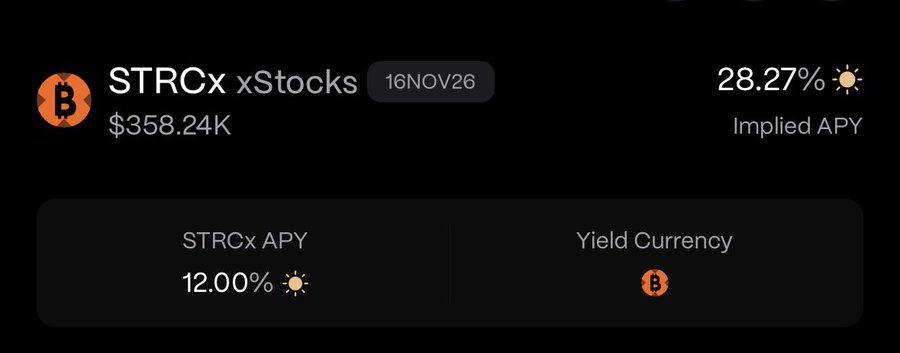 A crypto app interface showing STRCx xStocks with a $358.24K value, a 28.27% implied APY, and a 12.00% STRCx APY yielding in Bitcoin.