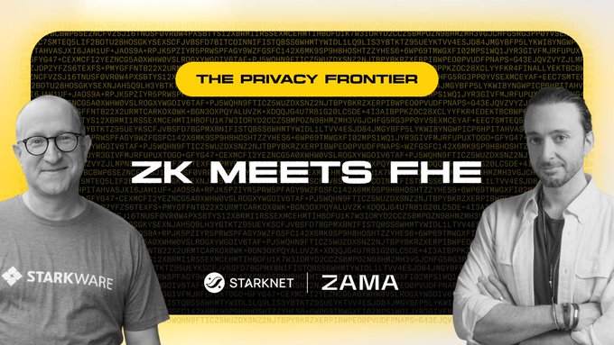 Promotional image for "The Privacy Frontier: ZK meets FHE" event featuring Starknet and Zama, with co-hosts Eli Ben-Sasson (Starkware) and Rand Hindi pictured against a background of code, announcing a 1:1 discussion on ZK, FHE, and encrypted computation tomorrow at 2:00 PM CEST.
