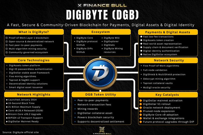 An infographic from "X Finance Bull" details DigiByte (DGB) as a "Fast, Secure & Community-Driven Blockchain for Payments, Digital Assets & Digital Identity," highlighting its ecosystem components, core technologies, network highlights (including 21 billion max supply and BIP32/v2 mainnet support), and key catalysts like DigiDollar mainnet activation. The image supports the post's argument by visually reinforcing DigiByte's decentralized, proof-of-work foundation—contrasting its community-governed, native stablecoin (DigiDollar) approach against centralized stablecoin issuers like Tether and Circle that maintain the power to freeze user funds.