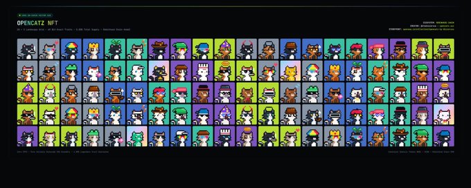 A grid display of pixel art cat characters in various costumes and colors, titled 'OPENCATZ NFT - #1 / 2 Genesis Cats / 100 Purr Themes / 8,888 Purrs Apts / Inspired from Anon' on a dark background.