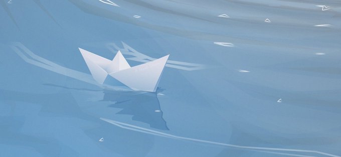 A digital illustration of a white paper boat floating on calm blue water.