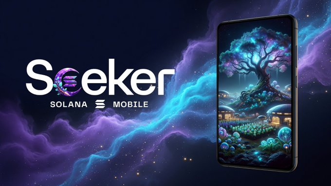 A promotional image for 'Seeker Solana Mobile' showing the Seeker logo alongside a smartphone displaying a fantasy tree scene with glowing mushrooms.