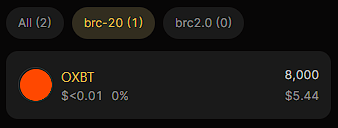 Crypto wallet interface showing a token called 'OXBT' with a balance of 8,000 tokens valued at $5.44, displayed under tabs labeled 'brc-20' and 'brc2.0'.