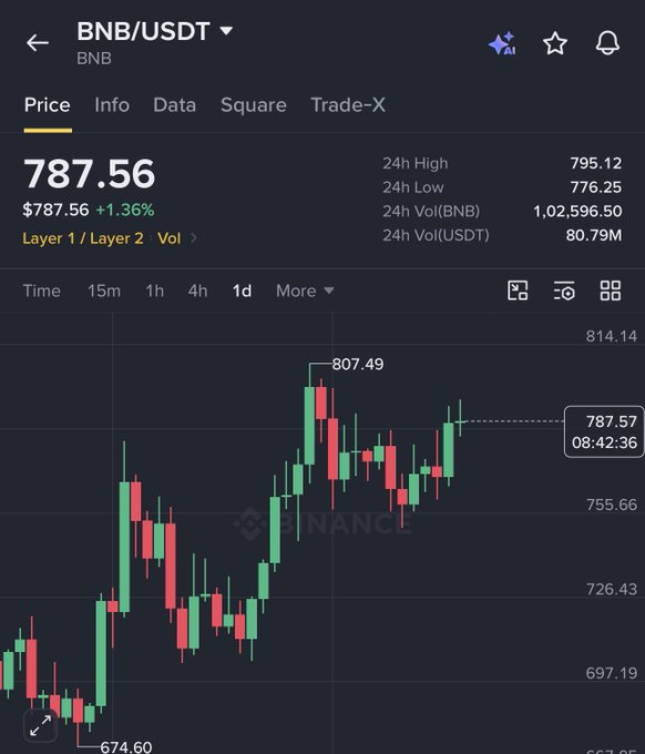 Binance app screenshot showing the BNB/USDT trading pair at $787.56 (+1.36%), with a 24-hour candlestick chart displaying a high of $795.12 and low of $776.25.