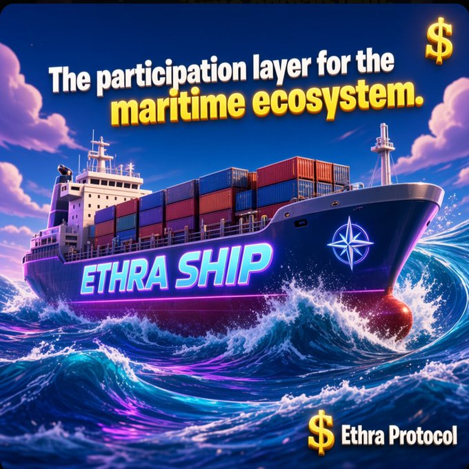 An advertisement for 'Ethra Ship' and 'Ethra Protocol' describes it as 'The participation layer for the maritime ecosystem' with a dollar sign logo.