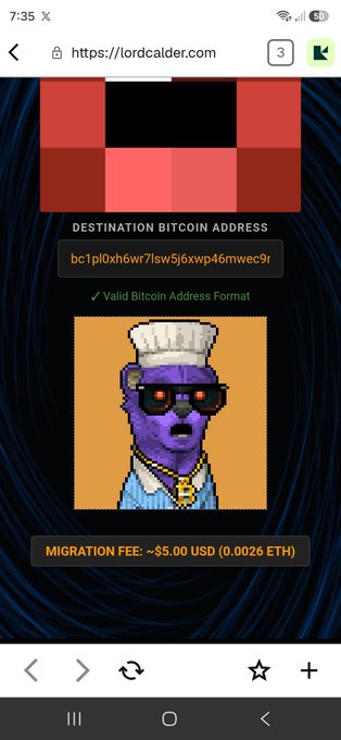 A screenshot from lordcalder.com shows a pixel art purple ape character with sunglasses and a gold chain, alongside a destination Bitcoin address for token migration with a fee of ~$5.00 USD.