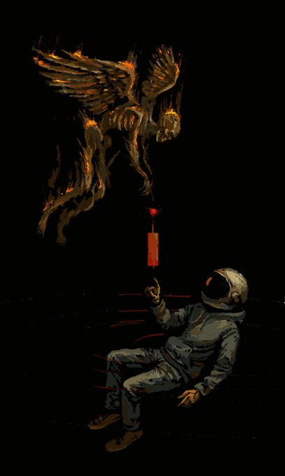 A dark digital artwork depicting an astronaut sitting on red steps, pointing upward at a flaming red and black angel-like creature.