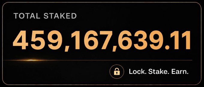 A dark graphic displays 'TOTAL STAKED 459,167,639.11' in large gold numbers, with the tagline 'Lock. Stake. Earn.' and a padlock icon below.