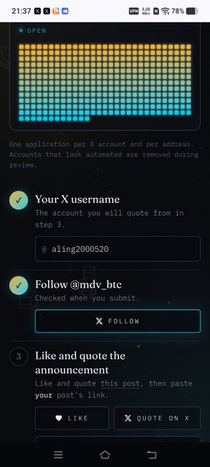 A mobile screenshot displays a crypto task interface prompting a user with the X username '@aling2000520' to follow '@mdv_btc' and like/quote an announcement.