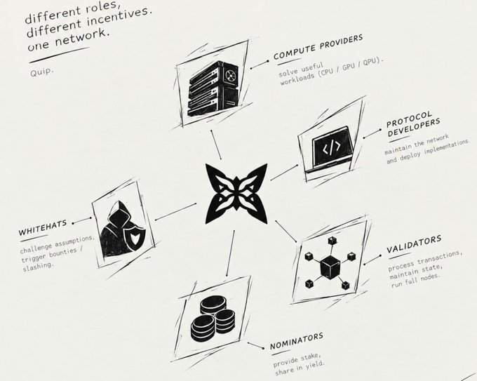 A black-and-white illustration titled 'different roles, different incentives, one network' depicting the Quip network ecosystem, with a central butterfly logo connected to five roles: Compute Providers, Protocol Developers, Validators, Nominators, and Whitehats.
