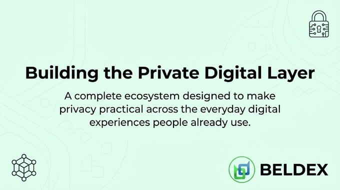A teal presentation slide titled 'Building the Private Digital Layer' with the BELDEX logo and a subtitle about creating a privacy-focused digital ecosystem.