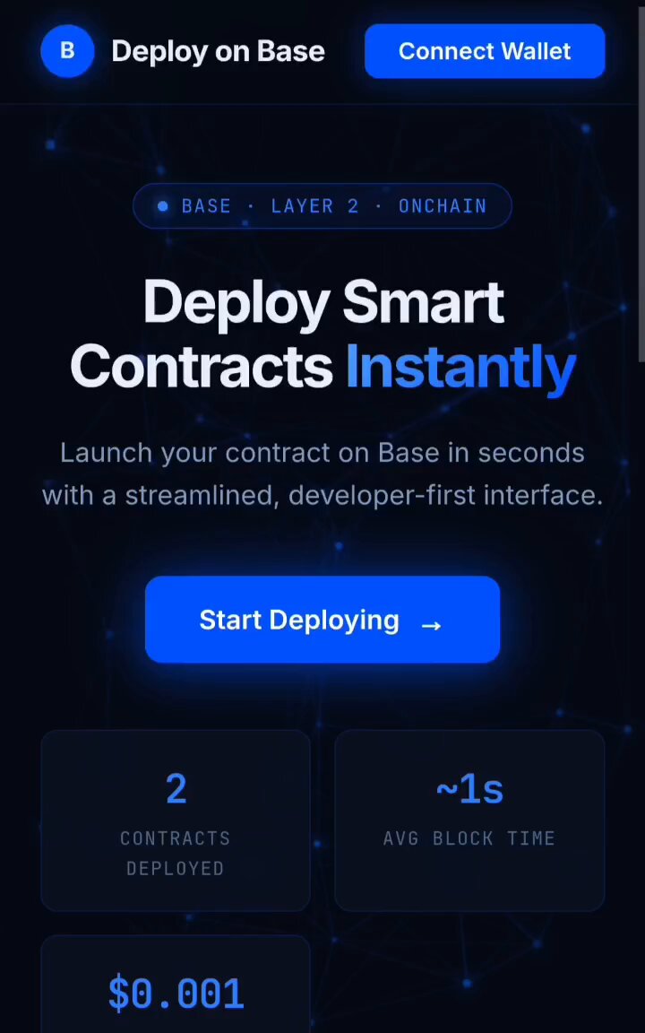 The image shows a mobile phone screen displaying an app called "Deploy Smart Contracts Instantly" with blue text against a black background. The app appears to be a simulation for launching smart contracts, which are virtual agreements that can be executed using blockchain technology. The user interface is simple and straightforward, with two buttons labeled "Start Deploying" and "Connect Wallet". The image also contains some text about the app's features and how it works.