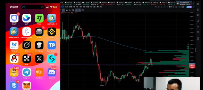 The image shows a split-screen with a phone's home screen displaying various trading and crypto apps (including Binance, LBank, HTX, OKX, TP, and others with notification badges) on the left, and a financial charting software (likely TradingView) showing XAUUSD price action on a candlestick chart on the right, with a person's face visible in the bottom-right corner. This aligns with the post promoting a live stream about US stock market openings and financial trading, suggesting the streamer is preparing to discuss market movements using these trading tools.