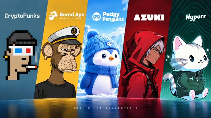 A promotional graphic showcasing iconic NFT collections including CryptoPunks, Bored Ape Yacht Club, Pudgy Penguins, AZUKI, and Hypurr.