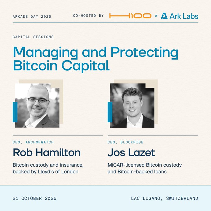 Promotional graphic for an Arcade Day 2026 Capital Sessions event titled 'Managing and Protecting Bitcoin Capital,' co-hosted by H100 and Ark Labs, featuring speakers Rob Hamilton (CEO of Anchorwatch) and Jos Lazet (CEO of Blockrise), scheduled for 21 October 2026 in Lac Lugano, Switzerland.