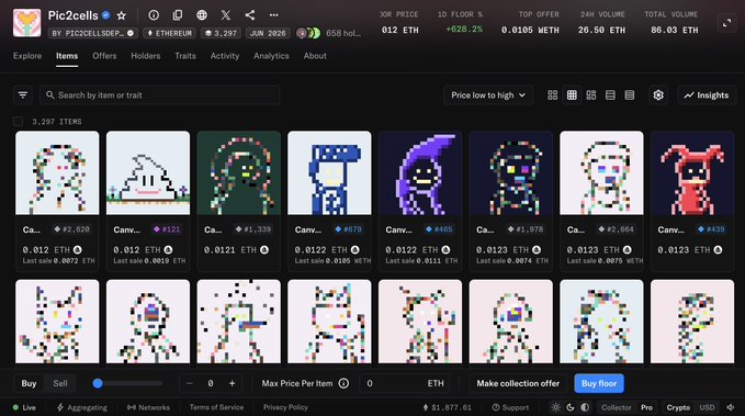 Screenshot of the 'Pic2cells' NFT collection on the OpenSea platform by PIC2CELLSDEPLOYER, showing pixel-art character items with prices in ETH and WETH.