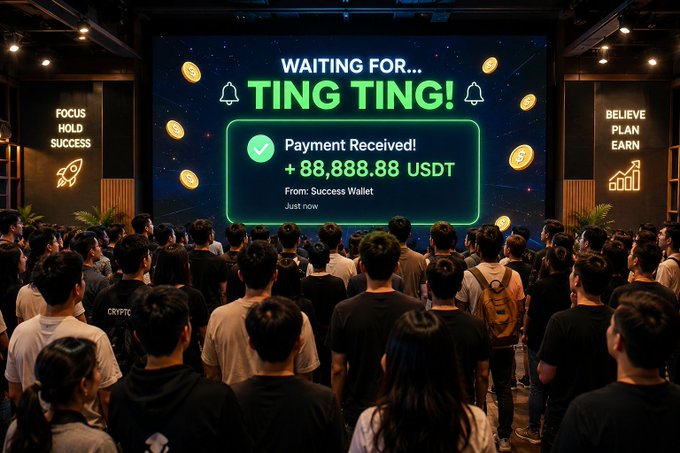 Crowd gathered at a cryptocurrency event watching a large screen displaying 'Waiting for... Ting Ting!' with a payment received notification of +88,888.88 USDT from Success Wallet.