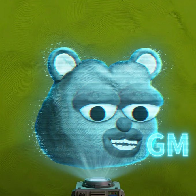 A holographic blue bear-like creature projects from a small device on an olive green backdrop, with 'GM' text visible.