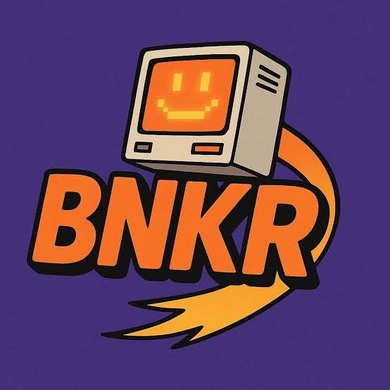 A cartoon logo features a retro computer monitor with a smiling orange pixel face, above the bold orange text "BNKR" on a purple background, accented by a swoosh design.