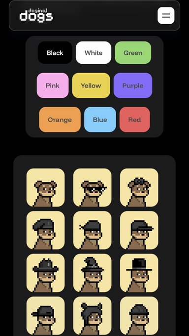 A mobile app interface for 'doginal dogs' showing color selection buttons (Black, White, Green, Pink, Yellow, Purple, Orange, Blue, Red) above a grid of pixel-art dog characters wearing various hats.