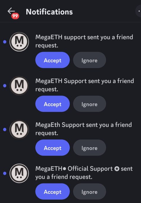 A notifications page on MegaETH's platform displays 99 unread alerts, all consisting of friend requests from multiple accounts using variations of the "MegaETH Support" name, with options to Accept or Ignore each one. The image supports the post's claim by visually demonstrating an overwhelming wave of suspicious "Support" account friend requests flooding the user's notifications, illustrating the alleged coordinated harassment tactic described.