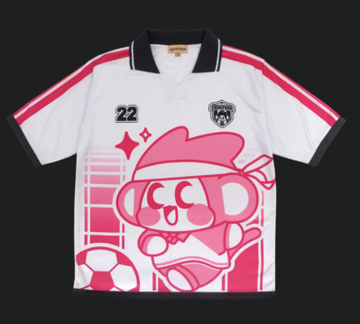 A white polo shirt with red accents featuring a pink cartoon gorilla mascot wearing a beret, with the number '22' and a shield logo on the chest.