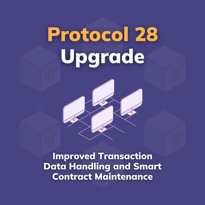 A purple graphic announces a 'Protocol 28 Upgrade' highlighting 'Improved Transaction Data Handling and Smart Contract Maintenance' with an illustration of connected computer monitors.