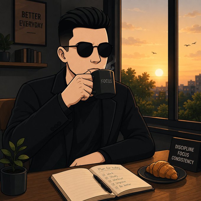 An illustrated image of a stylish man wearing sunglasses, drinking from a mug labeled 'FOCUS', sitting at a desk with an open planner showing 'Plan for today' with tasks like 'Work', 'Study', and 'Workout', alongside a sign reading 'DISCIPLINE FOCUS CONSISTENCY' and a 'BETTER EVERYDAY' poster.