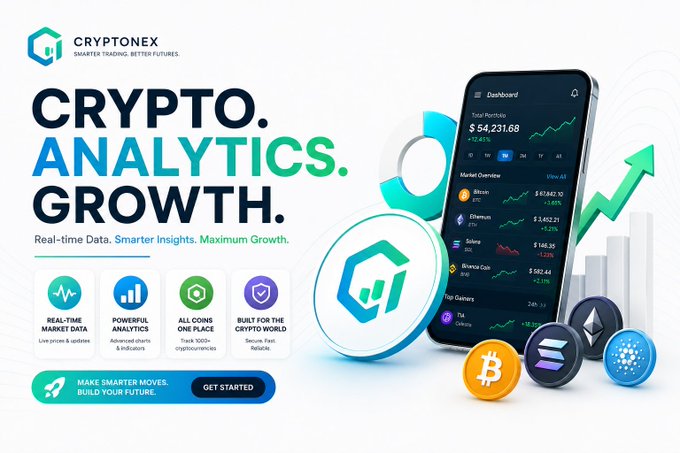 An advertisement for "CRYPTONEX" with the slogan "SMARTER TRADING. BETTER FUTURES" and headlines "CRYPTO. ANALYTICS. GROWTH.", showing a smartphone dashboard and various cryptocurrency icons.
