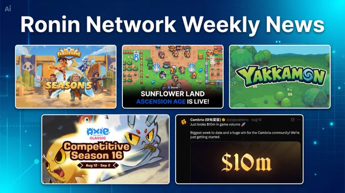 A 'Ronin Network Weekly News' graphic featuring Axie Battlefield Season 3, Sunflower Land Ascension Age, Yakkamon, Axie Competitive Season 16, and a $10M Cambria announcement.