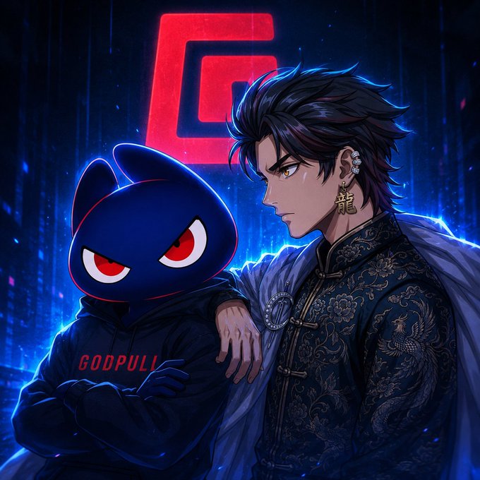 An anime-style illustration showing a young man with dark hair in an ornate black and gold traditional Chinese-style jacket, standing next to a black cartoonish creature with red eyes wearing a hoodie with 'GODPULL' text.