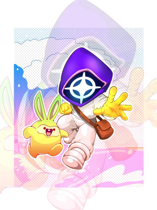 A colorful digital illustration depicts a hooded figure with a crosshair symbol face running alongside a small yellow bunny character.
