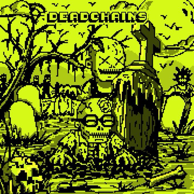 Pixel art scene in green tones showing a graveyard with skull-headed characters, a hooded figure, tombstones, and a weeping figure, with the title 'DEADCHAINS' at the top.